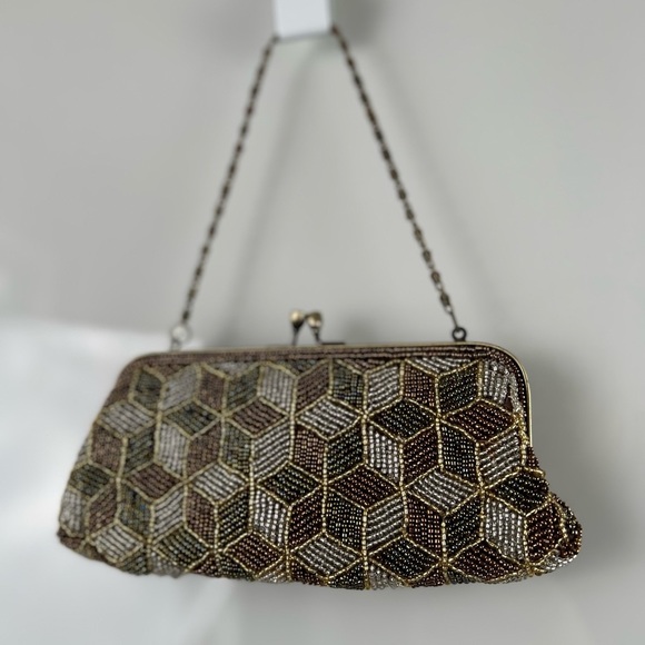 NWT MONI Couture Beaded Olive Green Amber Brown Formal Clutch With Bronze Accent - Picture 7 of 15